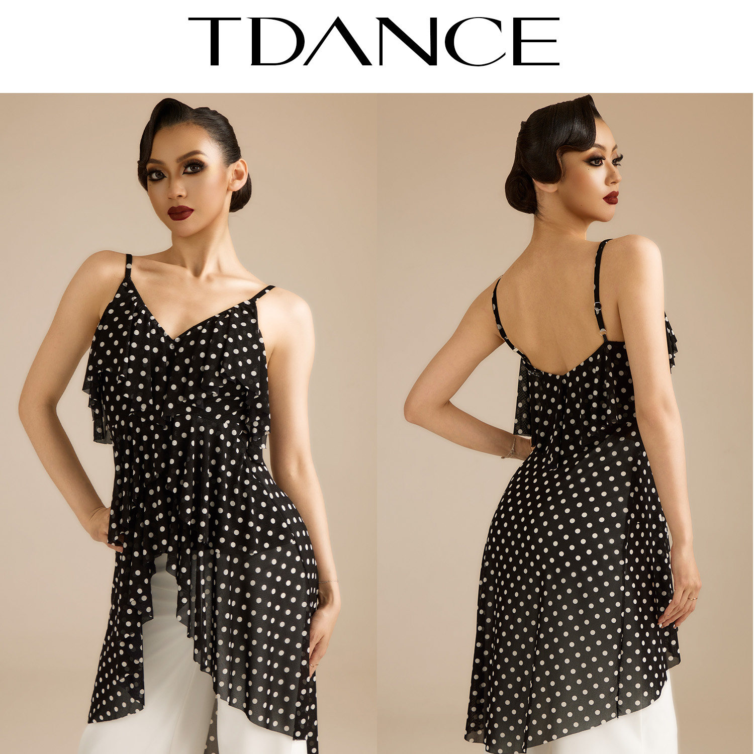 TDANCE拉丁摩登练习【波点荷叶边吊带上衣】上课日常带胸垫JM-316
