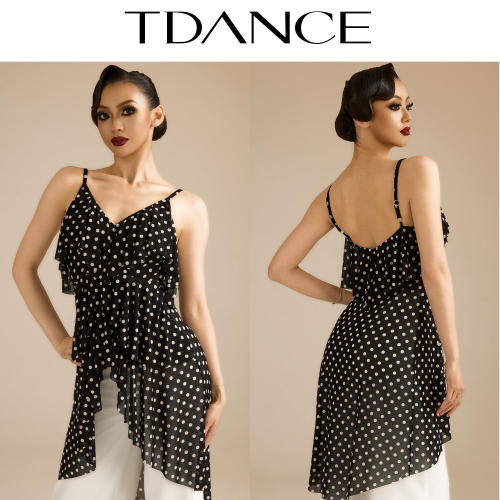 TDANCE拉丁摩登练习【波点荷叶边吊带上衣】上课日常带胸垫JM-316