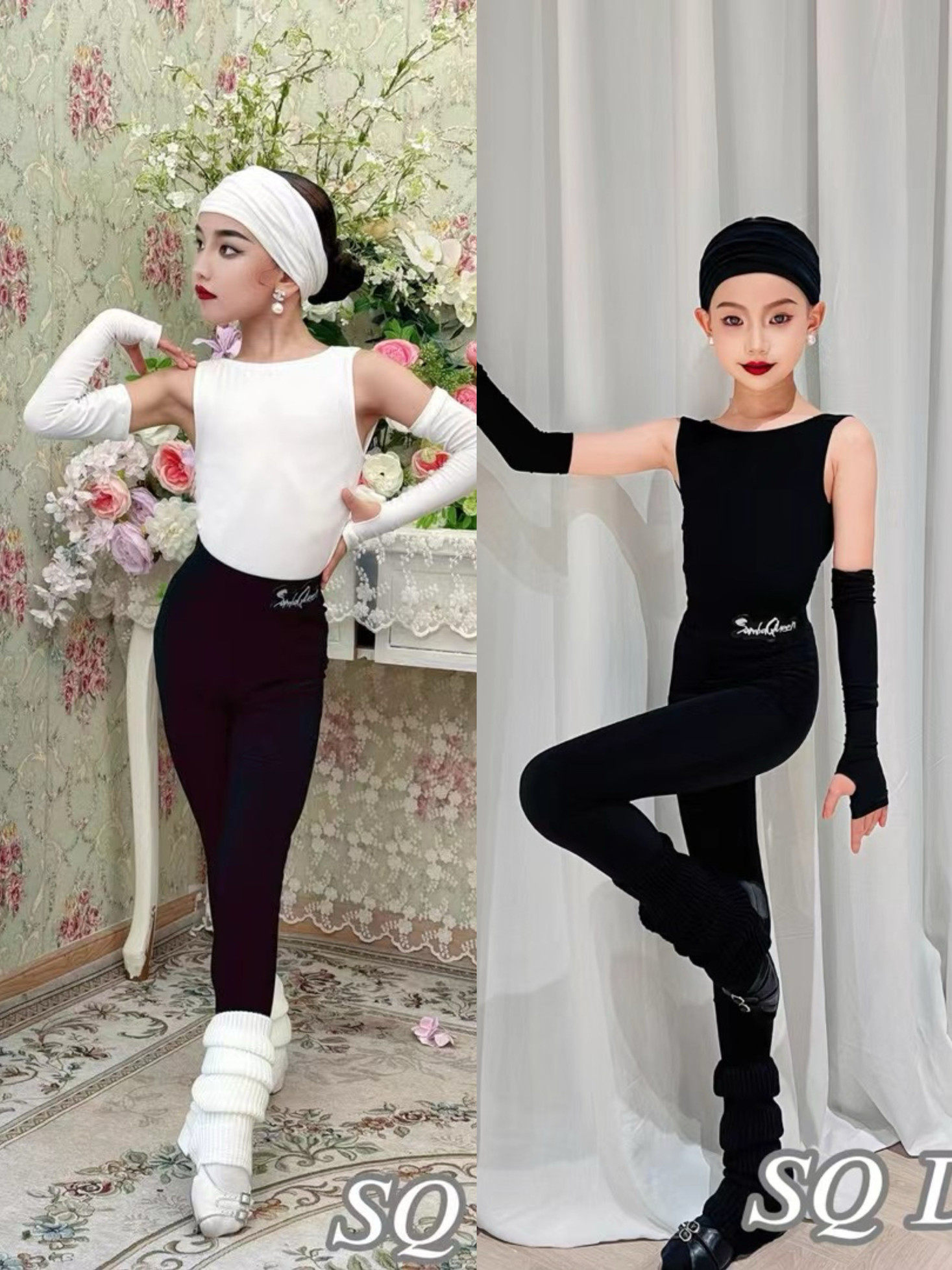 SQ舞服少儿拉丁舞露背一字领手套裤子套装袜套女童跳舞专业显高