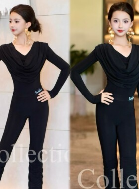 SQ舞服少儿拉丁舞秋冬荡领上衣裤子套装练功服百搭修身跳舞女童