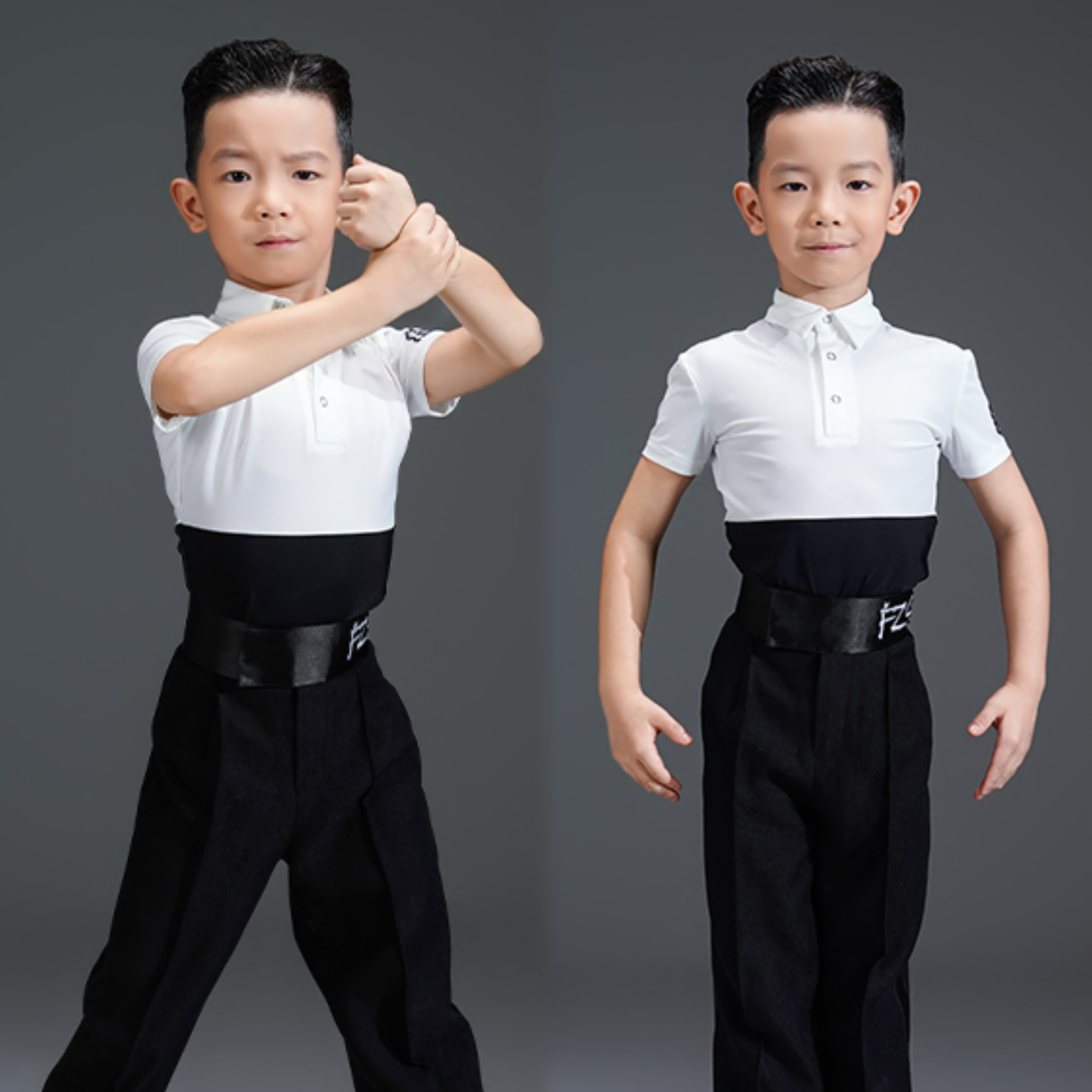 FZS舞服男童帅气男生黑白拼接纽扣Polo衫短袖衬衫上衣辣媳妇跳舞