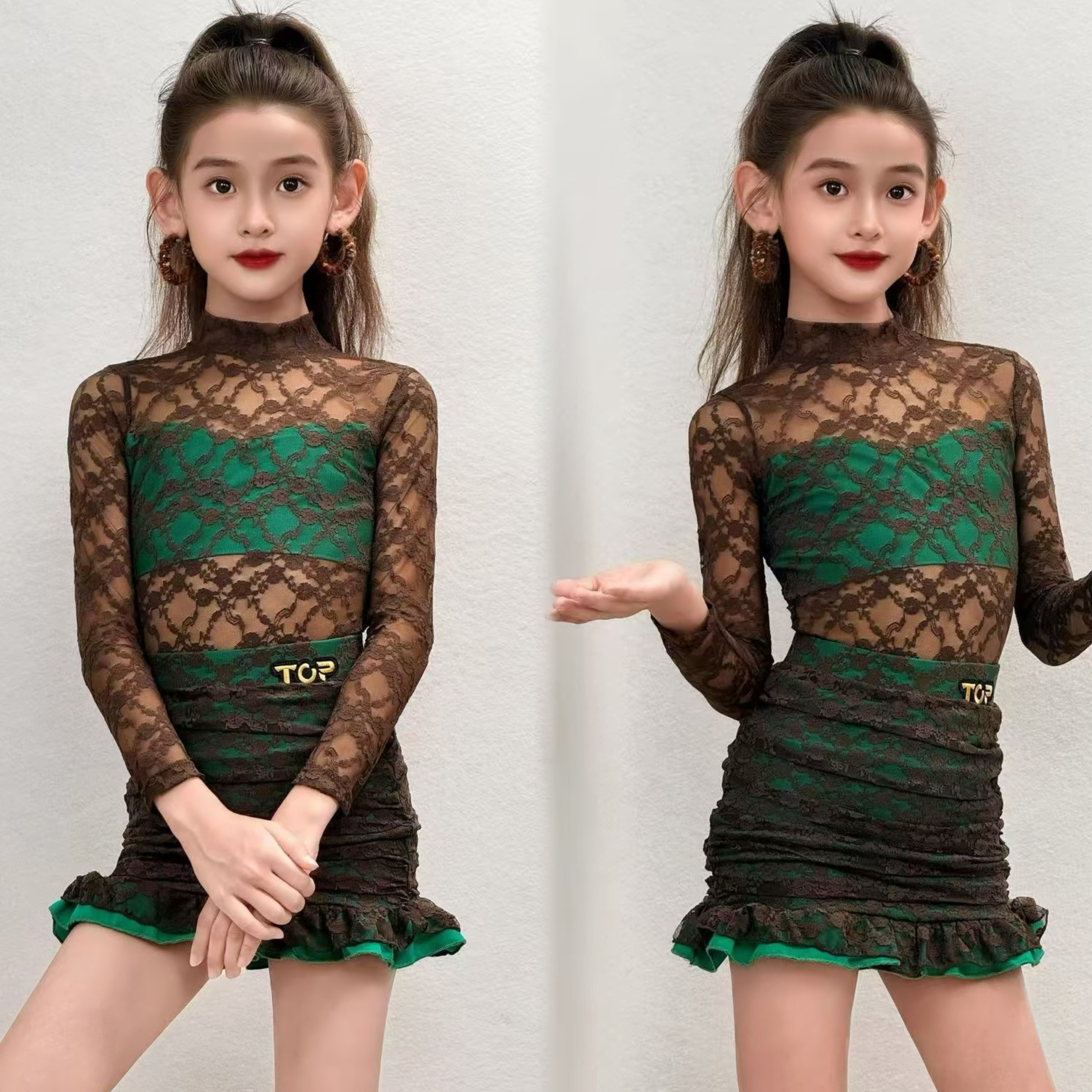 Top舞服少儿拉丁舞秋冬网纱棕绿色褶皱练习服女童跳舞高领长袖