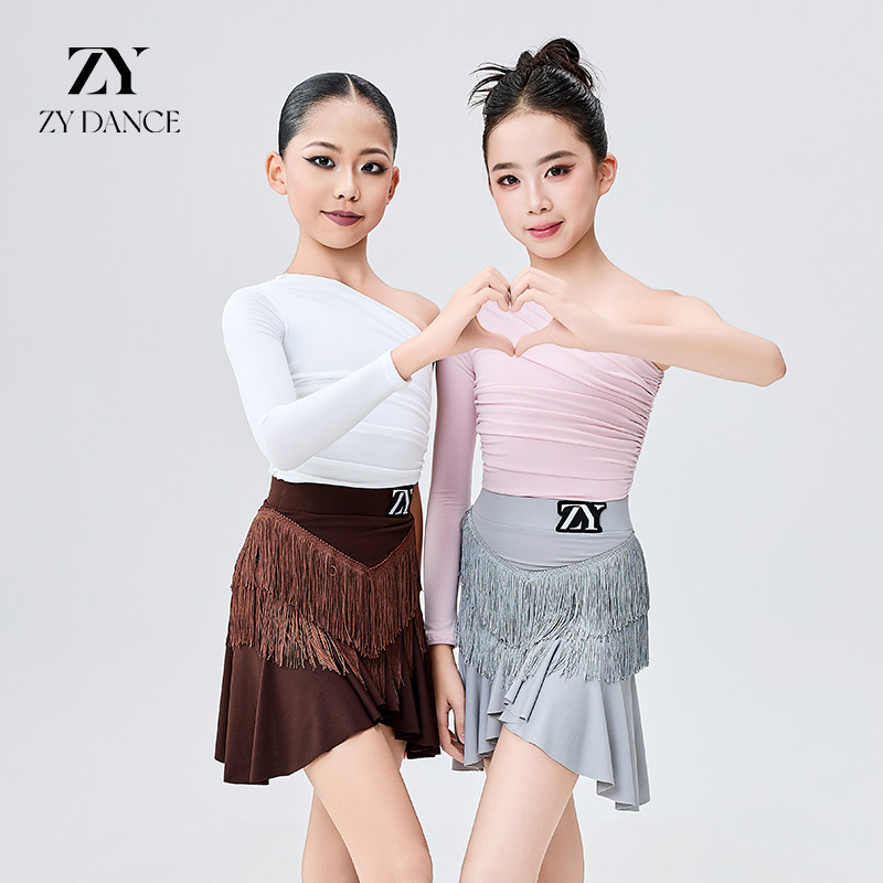 ZYdance秋冬新品拉丁舞服女童表演练习服专业斜肩流苏套装舞蹈服