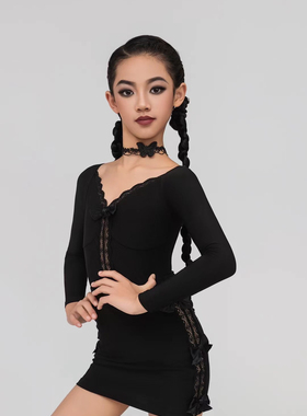 卓艺少儿拉丁舞服长袖黑色蝴蝶蕾丝拼接包臀裙拉丁舞练习服跳舞