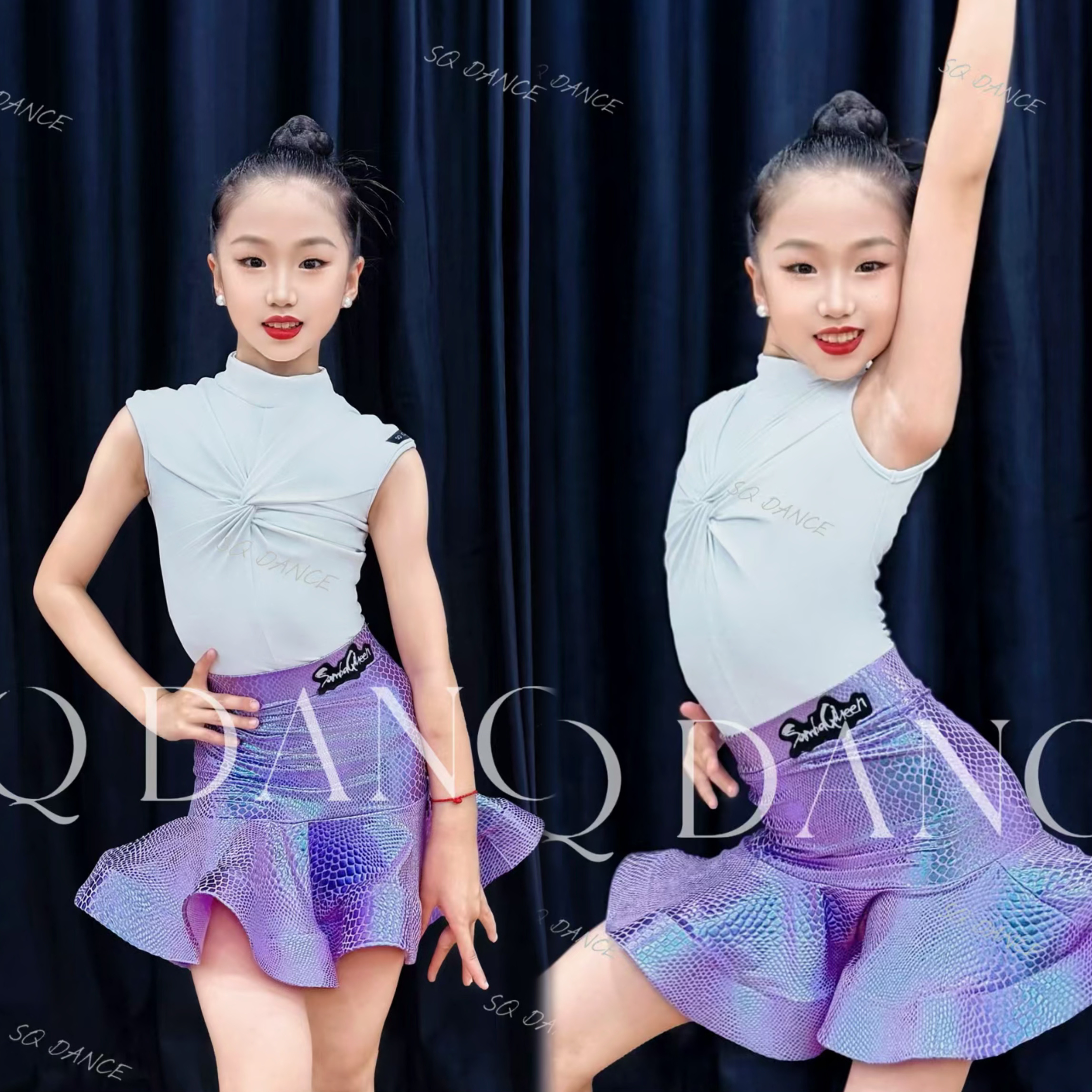 SQ舞服少儿拉丁舞春夏蛇纹紫色渐变光泽包臀无袖练习服女童跳舞