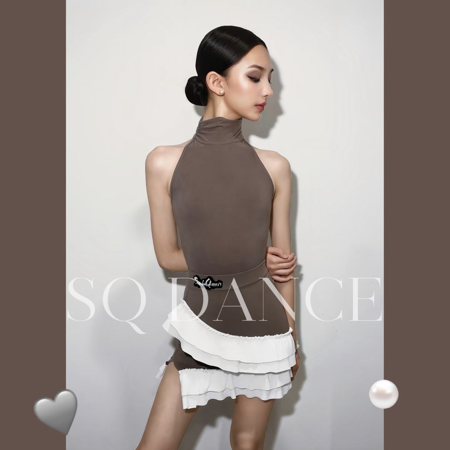 SQ舞服少儿拉丁舞高领白色花边包臀练习服女童跳舞集训无袖跳舞