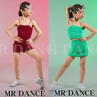 MR舞服FZS旗下少儿拉丁舞春夏吊带褶皱无袖分体练功服套装表演