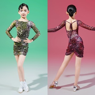 FZS舞服少儿拉丁舞秋冬长袖豹纹网纱分体练功服绿色粉色包臀女童