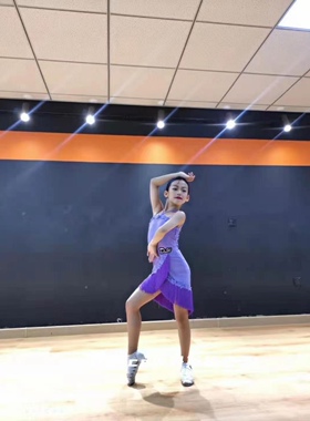 丹斯舞之美少儿春夏拉丁舞流苏挂脖花套装紫色露背吊带可爱短裙