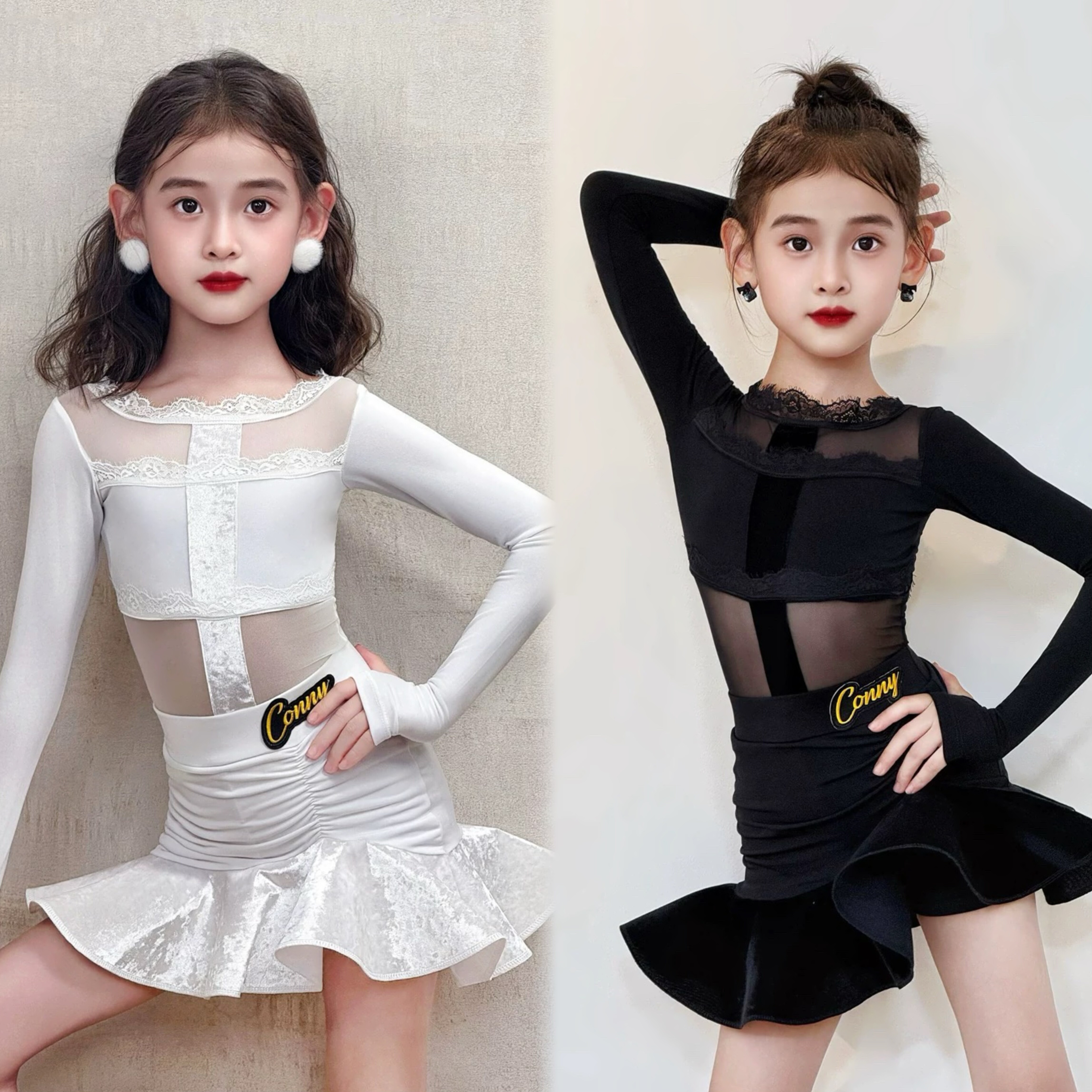 CONNY拉丁舞套装女儿童舞蹈训练功服长袖上衣网纱半身裙表演出服