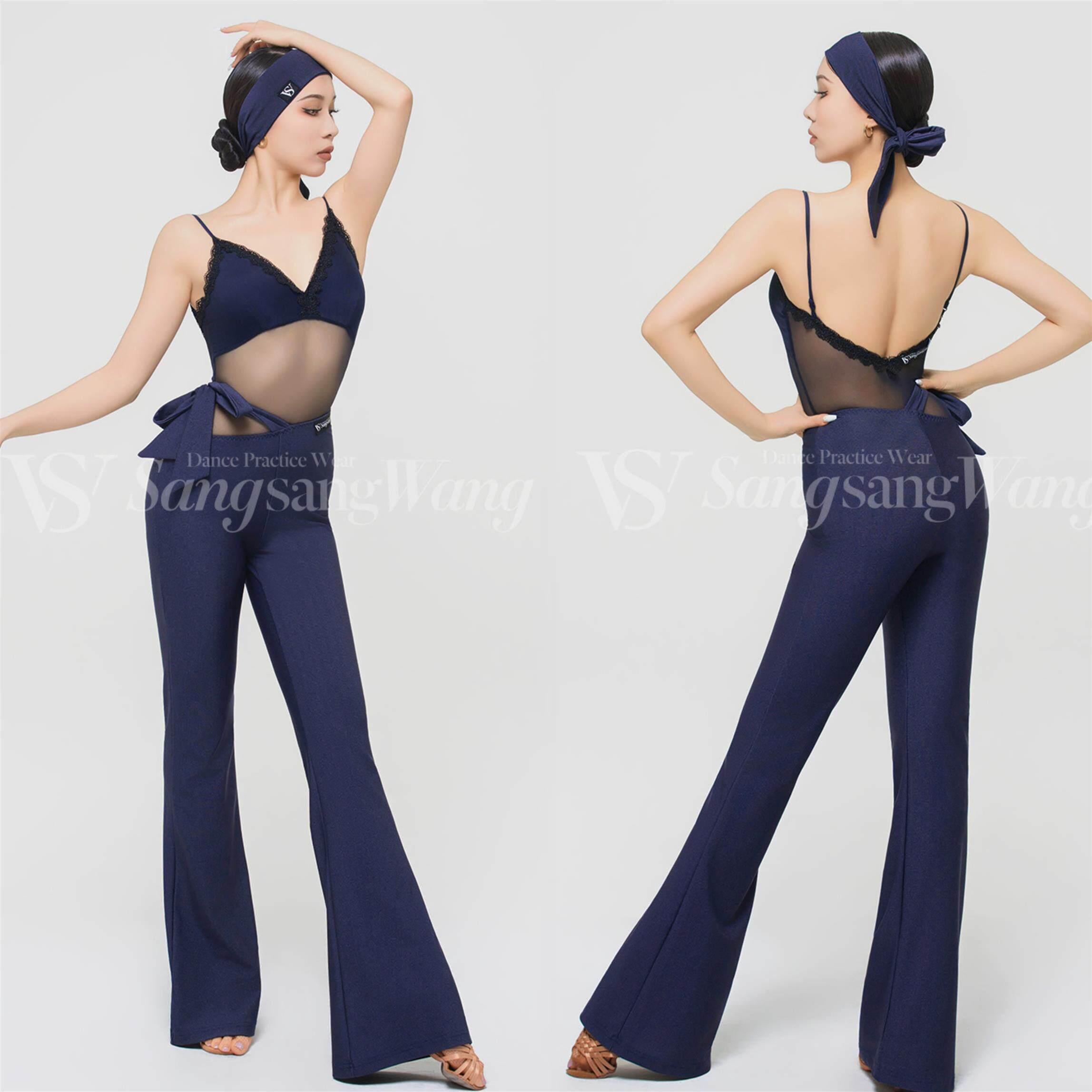 sswang拉丁舞女士教师服斜胯系带牛仔弹力微喇裤网纱吊带练习服
