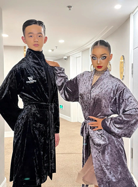 sswang舞服拉丁舞男女同款比赛赛袍钻石绒比赛花服练功服保暖长袍