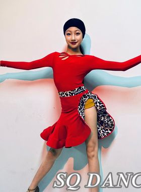 SQ舞服秋冬少儿拉丁舞大红色鱼骨豹纹大摆练习服女童跳舞表演服