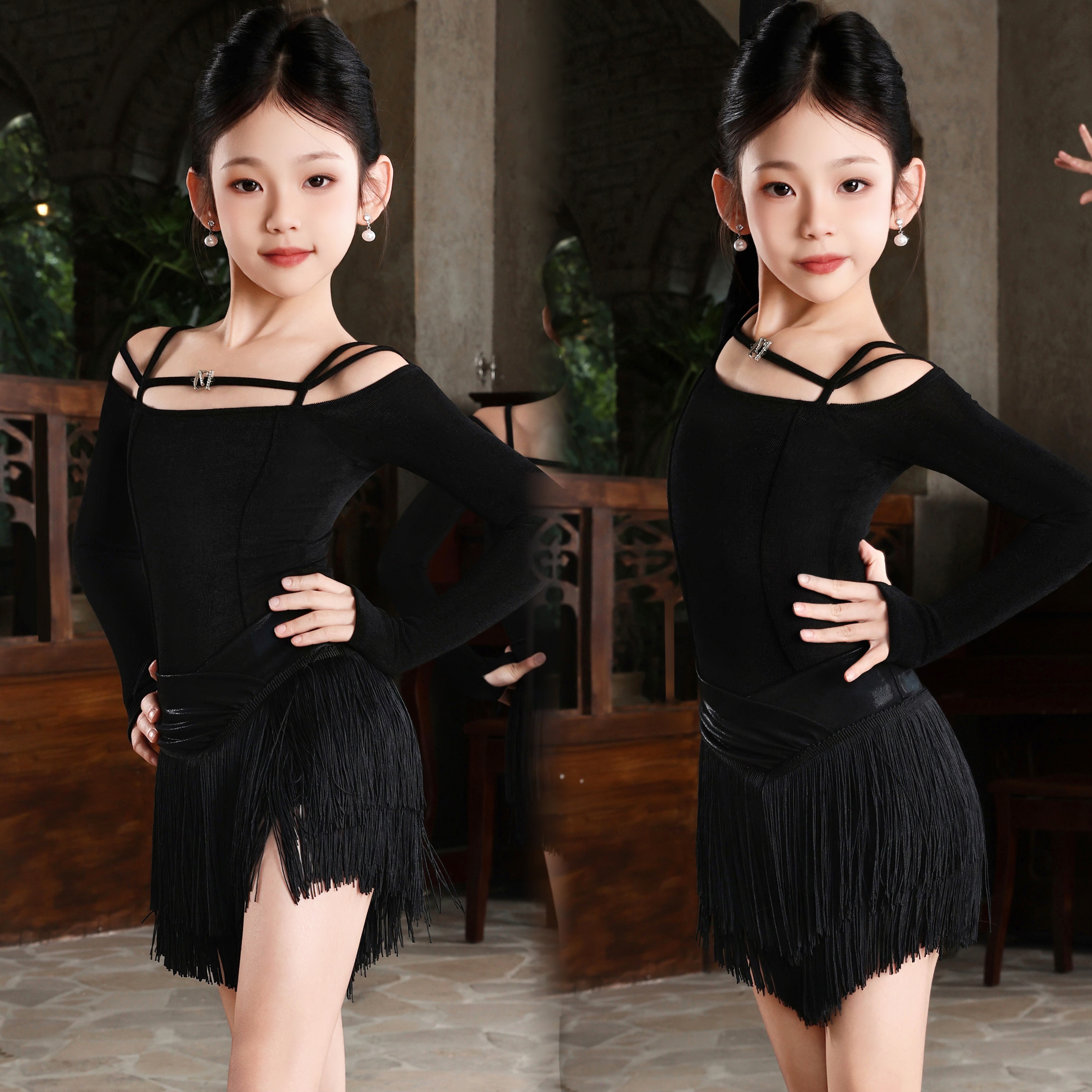 美辰舞服黄泳茵同款少儿墨影流光一字肩连体衣长袖流苏半裙套装女