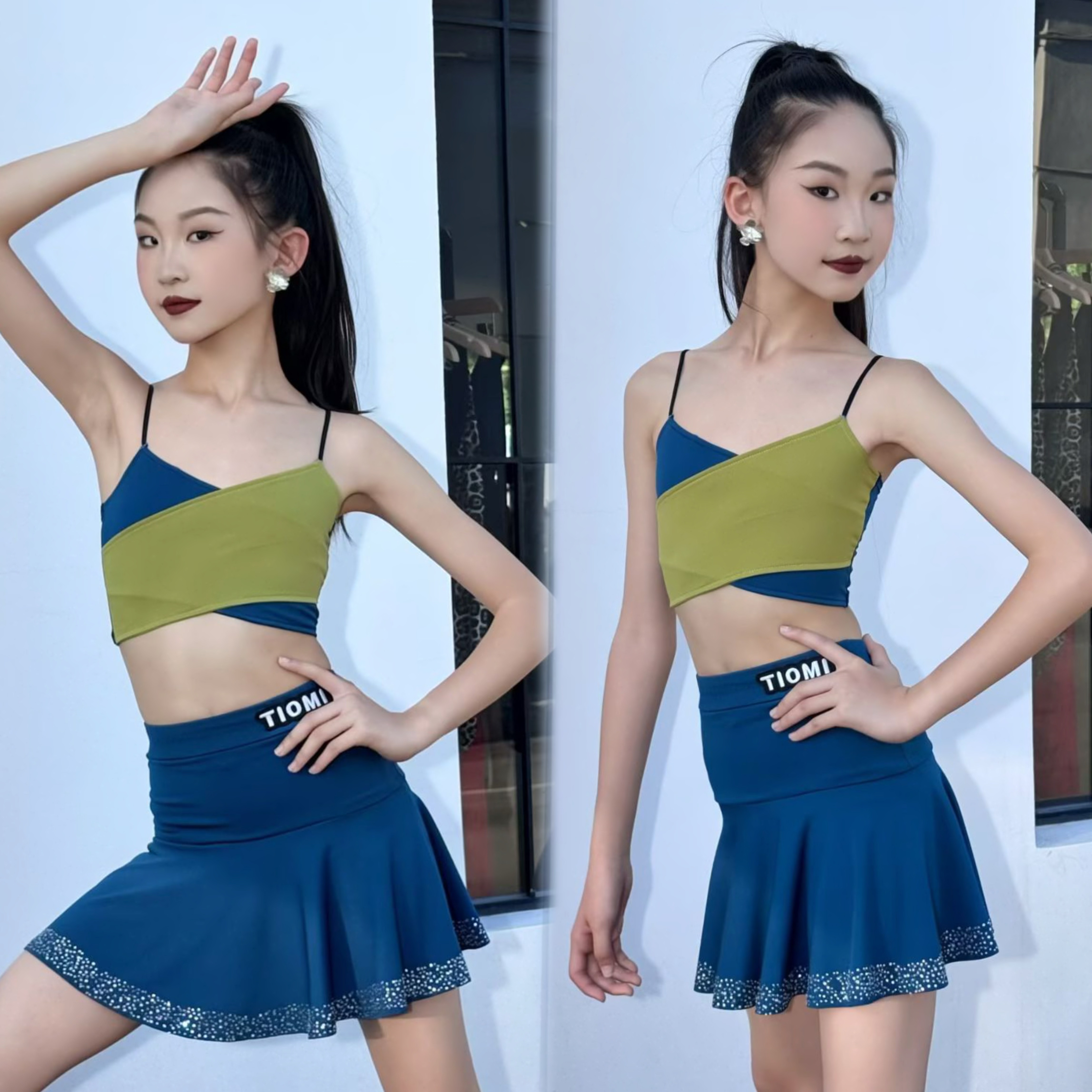 Tiomi舞服少儿拉丁舞风帆舞服夏季吊带拼色水钻练习服女童跳舞