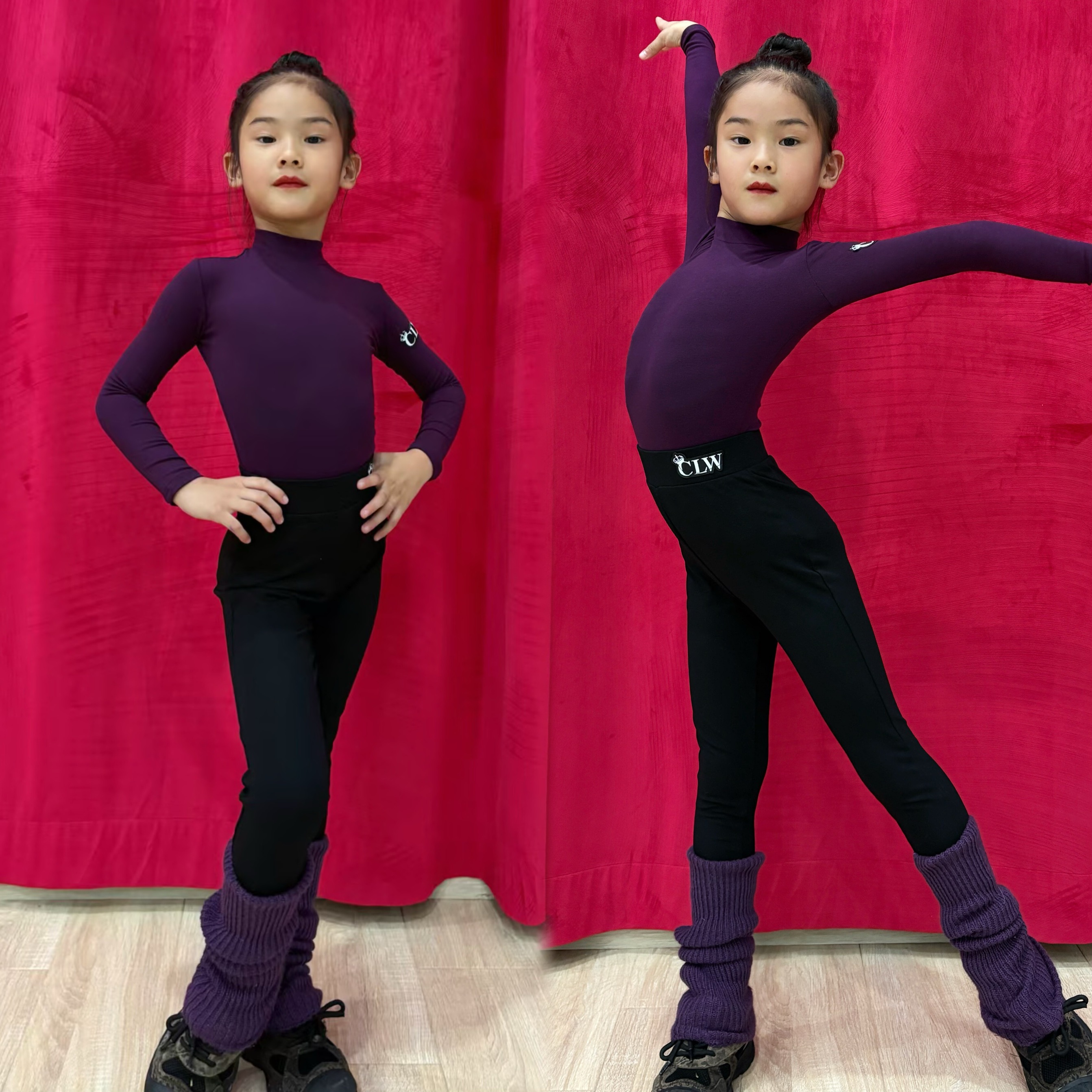 CLW舞服少儿拉丁舞秋冬百搭长袖裤子外套保暖套装小高领练习服