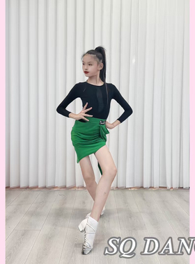 SQ舞服少儿拉丁舞秋冬长袖绿色抽带练习服跳舞女童专业精英