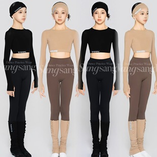 sswang少儿拉丁舞秋冬细螺纹长袖保暖短上衣高腰瑜伽裤塑型女童