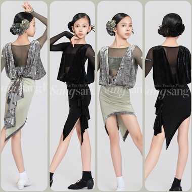 sswang舞服少儿拉丁舞纱网钻石绒荡片长袖鱼尾裙灰绿色练习服女童