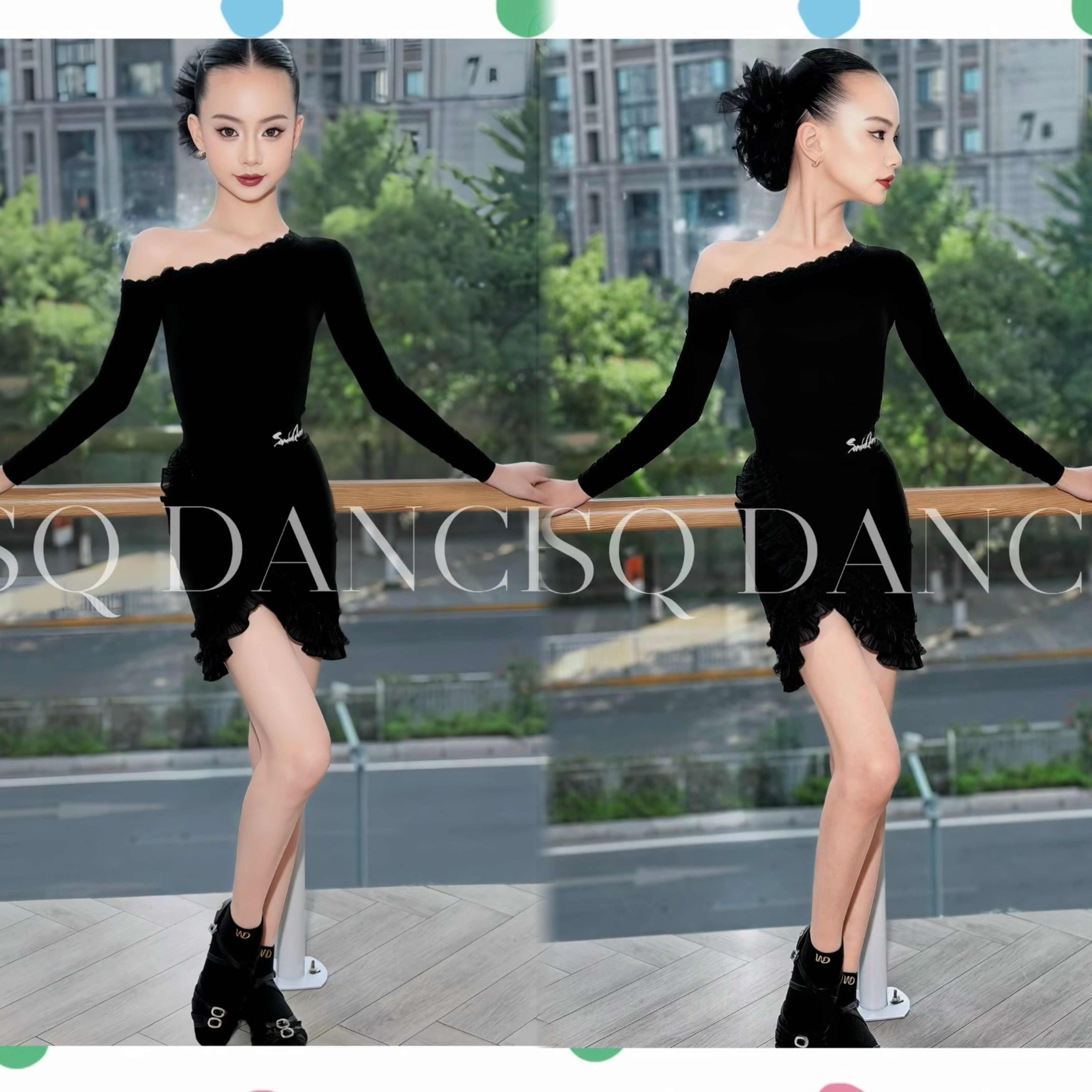SQ舞服少儿拉丁舞秋冬长袖露肩花边分体包臀练习服女童长袖跳舞