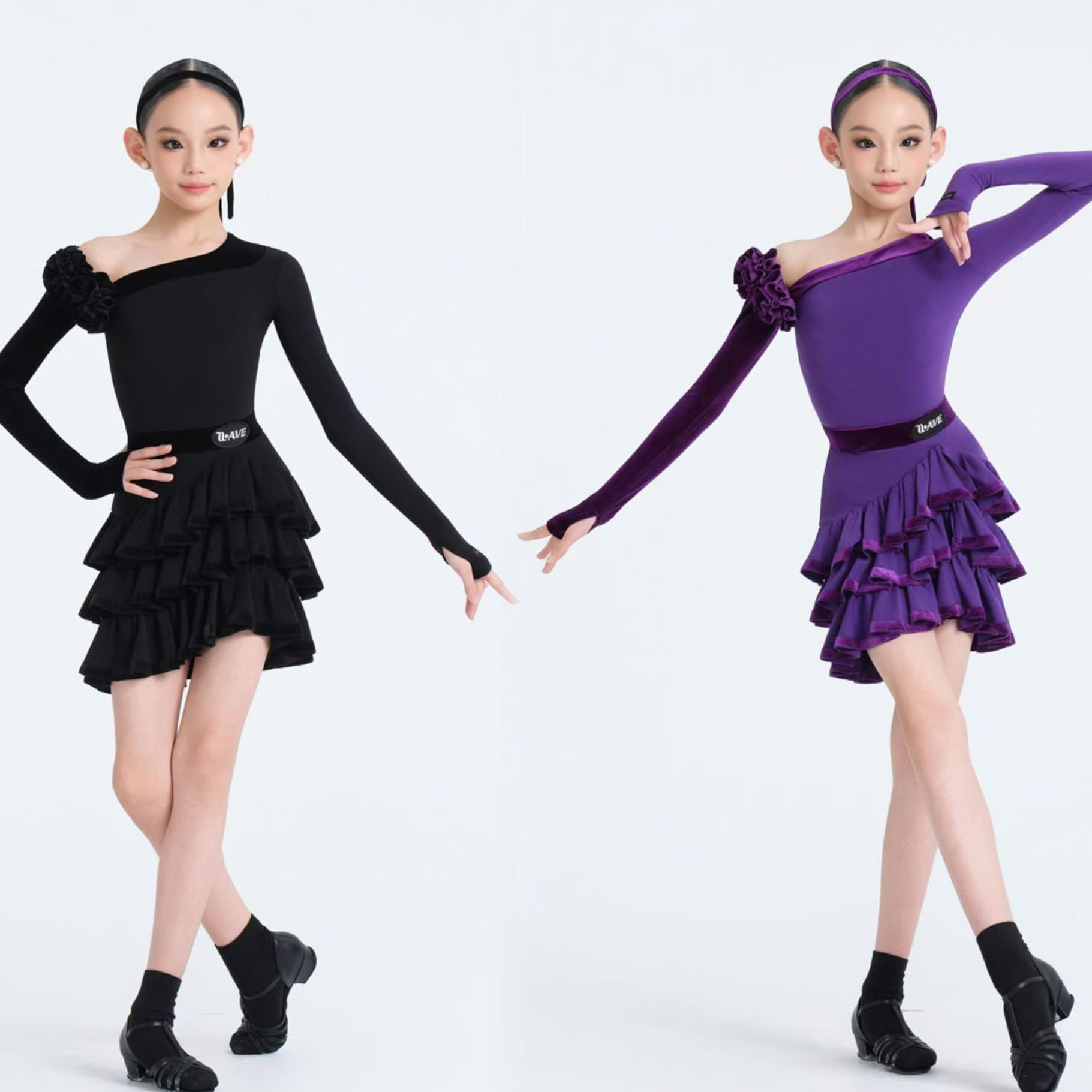 WAVE未午少儿拉丁舞秋冬儿童唐顿庄园套装紫色蛋糕露肩花朵女童