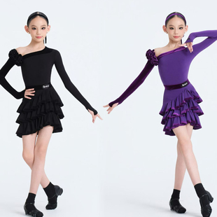 WAVE未午少儿拉丁舞秋冬儿童唐顿庄园套装 紫色蛋糕露肩花朵女童