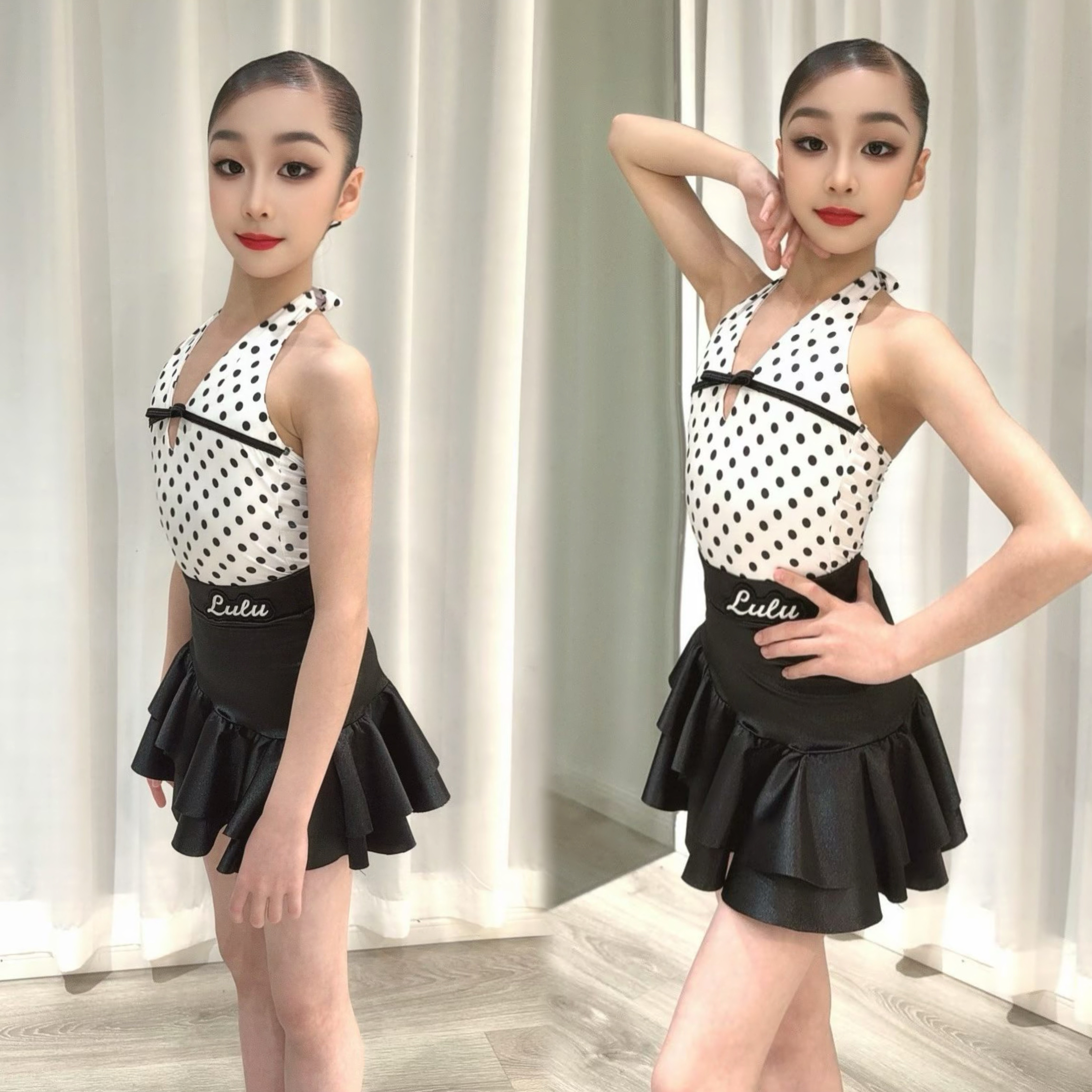 LULU舞服少儿拉丁舞春夏波点白色精致绑带挂脖分体练习服跳舞