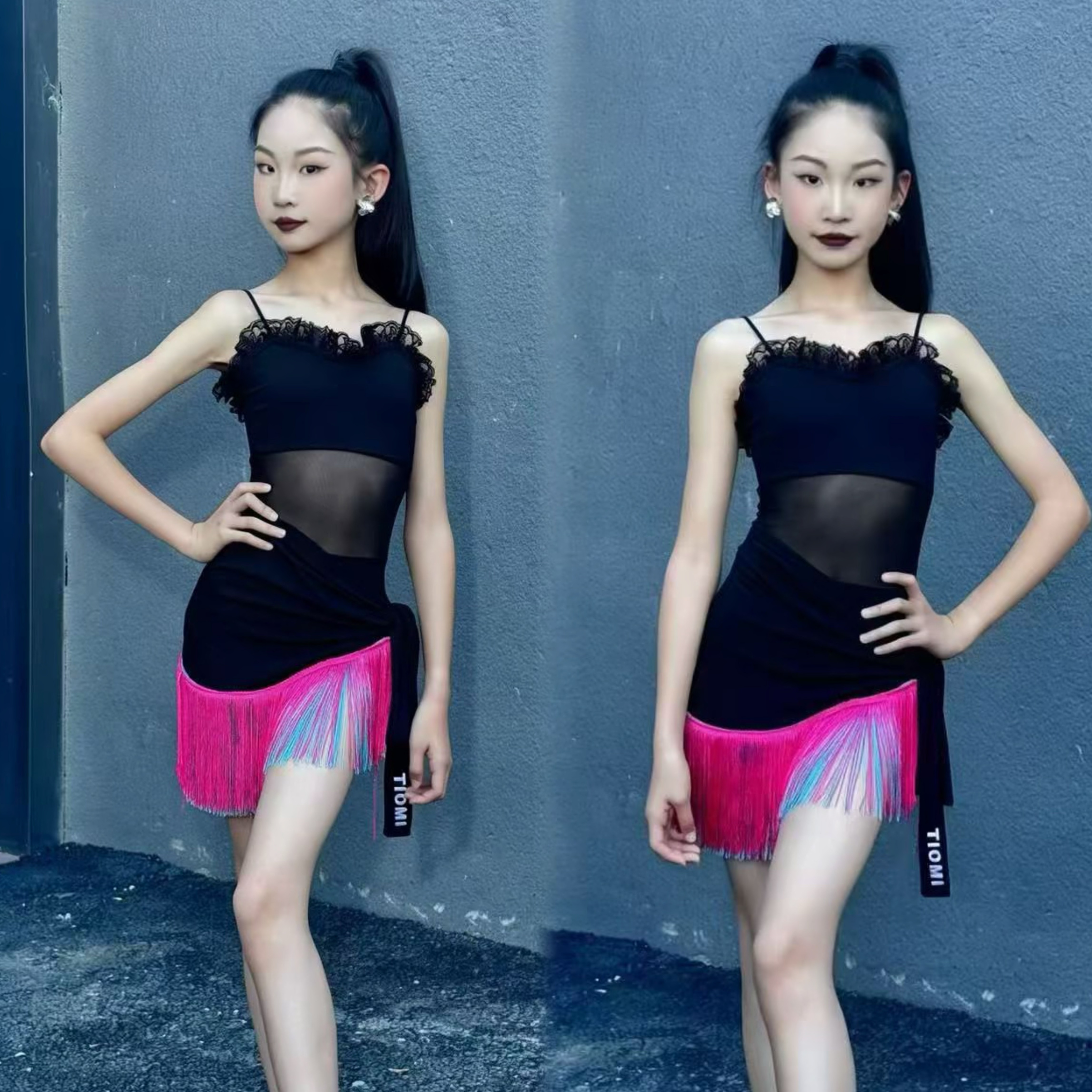 Tiomi舞服少儿拉丁舞夏季网纱吊带玫红流苏绑带半身裙练功服女童