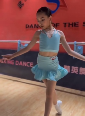 Mark舞服拉丁舞少儿女童恰恰蓝色蓬蓬裙吊带练习服恰恰精英跳舞