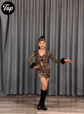 Top舞服少儿拉丁舞精致女孩豹纹长袖毛毛套装包臀露肚设计款