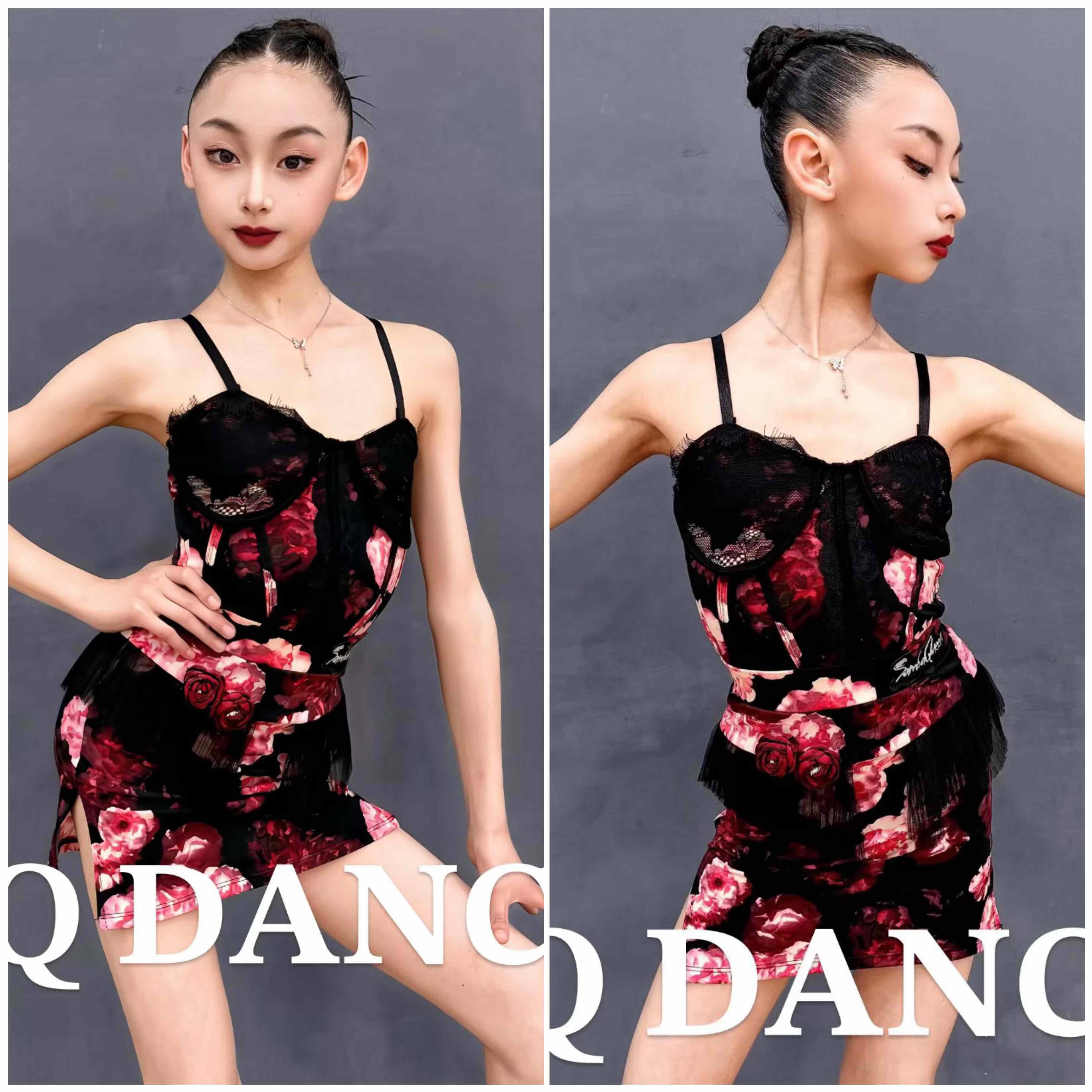 SQ舞服少儿拉丁舞蕾丝玫瑰花纹春夏女童跳舞表演服吊带练习服女童