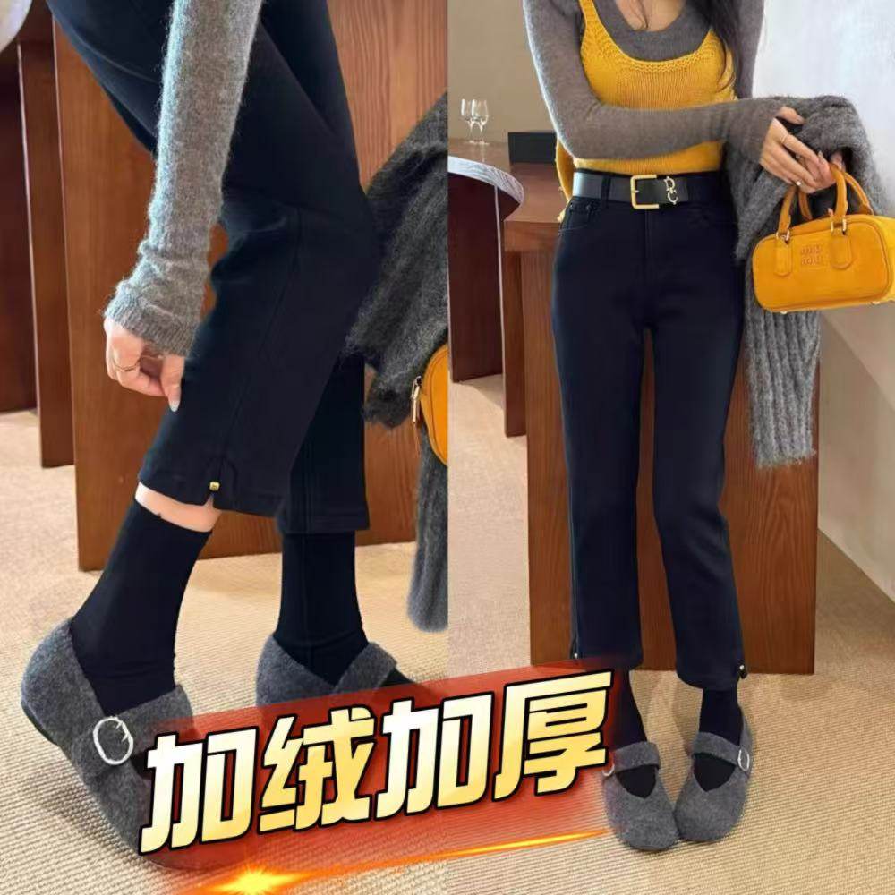2025冬季加绒加厚牛仔裤女小个子八分烟管裤大码直筒裤修身显瘦潮
