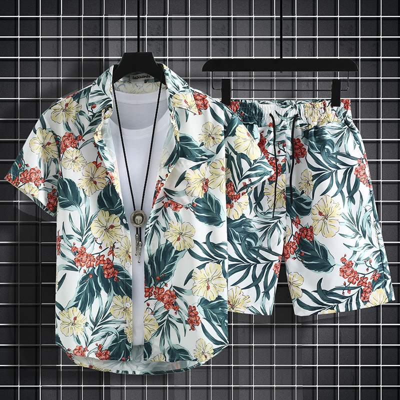 港风vintage花衬衫男女复古夏威夷痞帅宽松情侣短袖衬衣潮牌套装