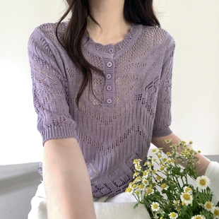 女百搭上衣 韩系宽松显瘦圆领镂空莱赛尔亚麻针织短袖 2026春季 新款