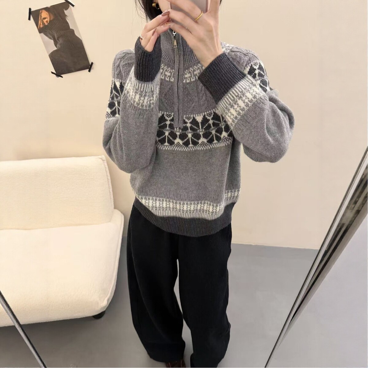 半拉链立领提花羊毛针织衫女毛衣