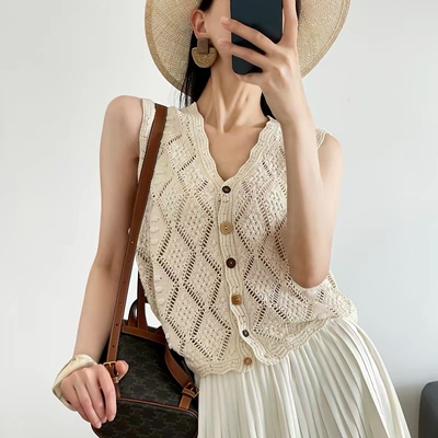 镂空亚麻针织马甲背心女百搭无袖