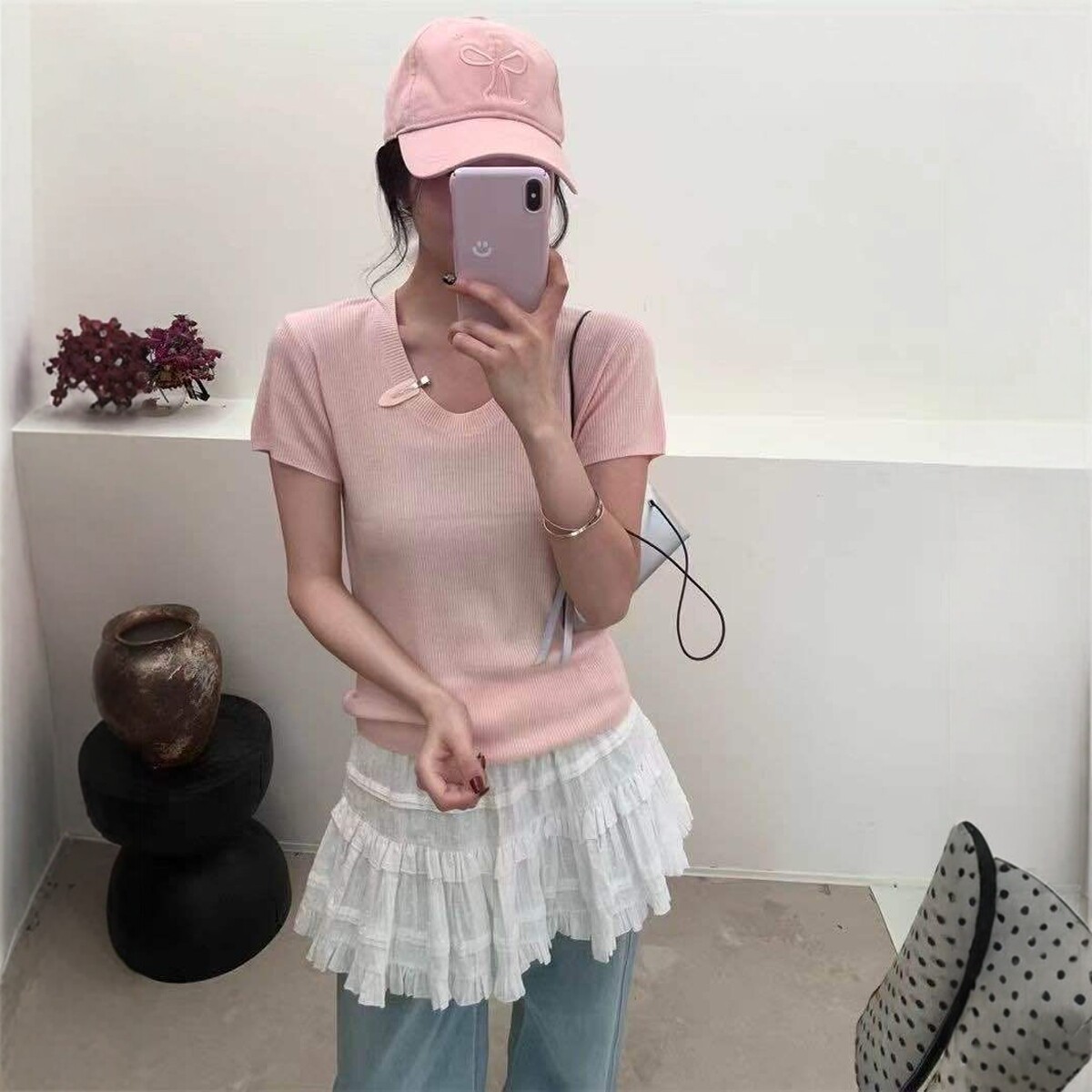 2026春季新款韩系纯欲修身显瘦U领套头短袖针织衫女百搭上衣T恤潮