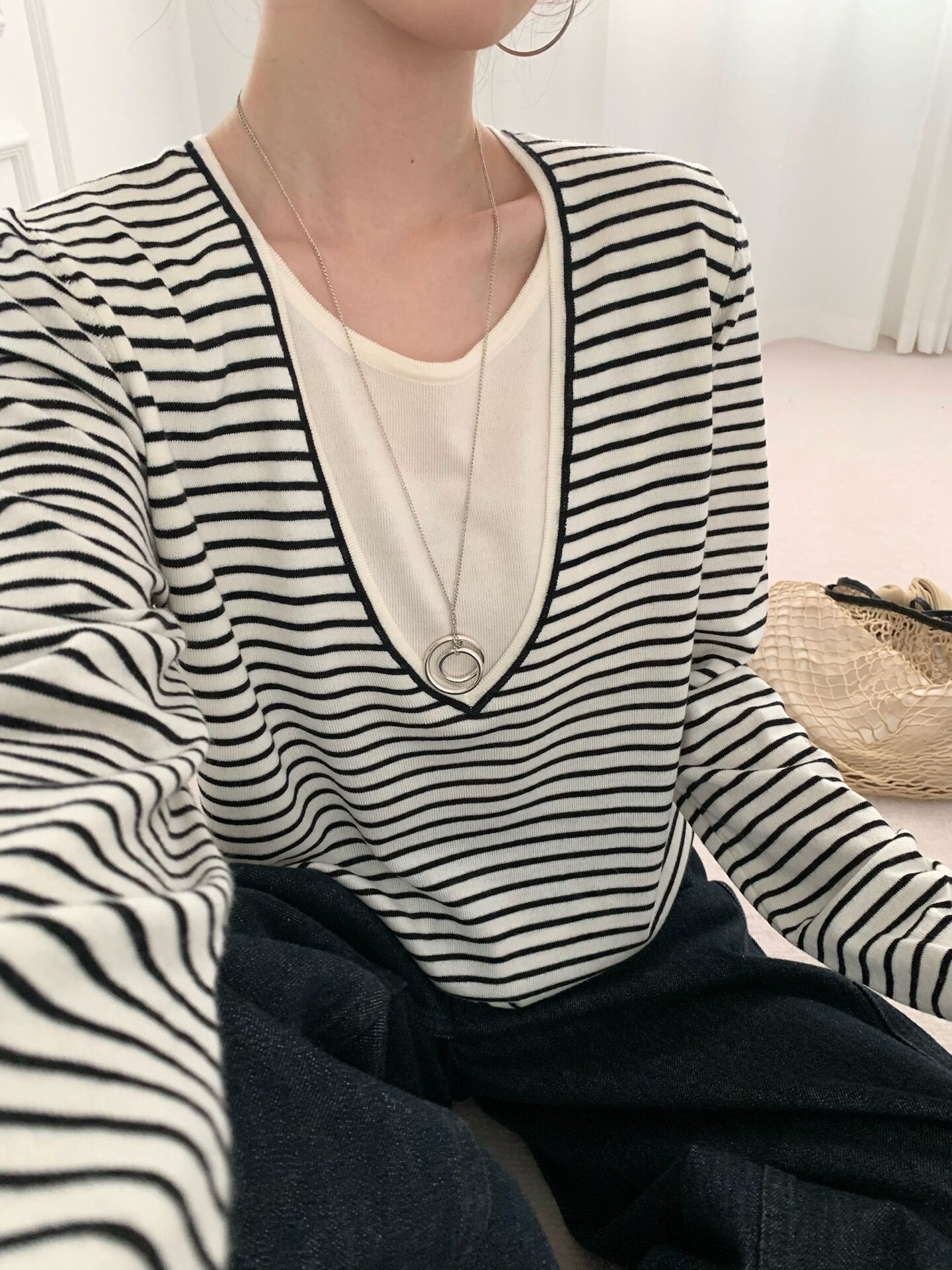 显瘦条纹假两件细羊毛针织长袖女