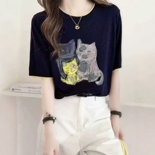 T恤女百搭上衣潮 韩系宽松圆领卡通猫咪天丝针织短袖 2026春季 新款