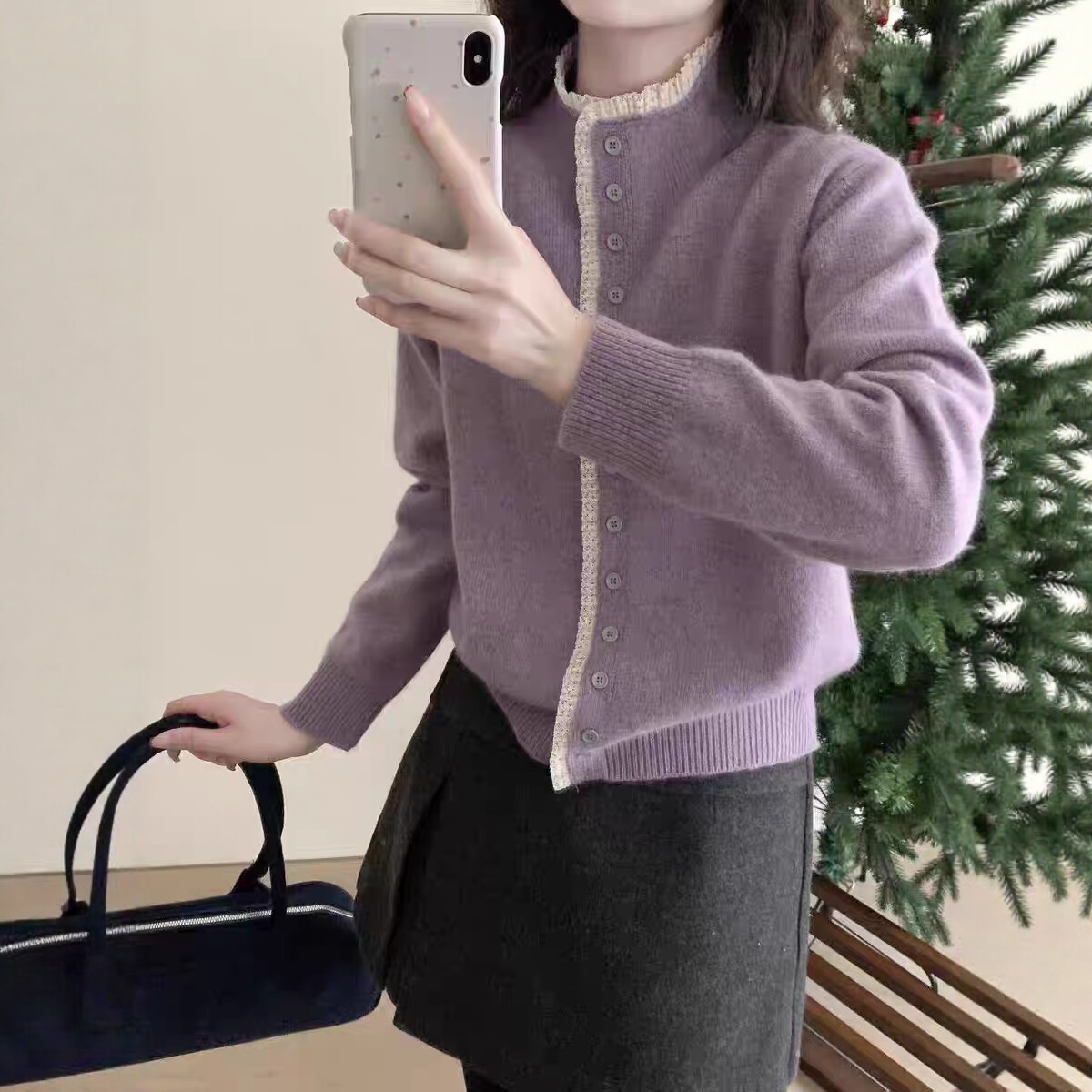 半高领蕾丝边浣熊绒羊毛针织开衫