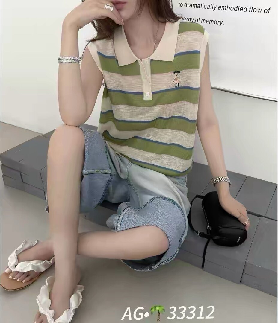 翻领条纹天丝亚麻针织无袖女薄款