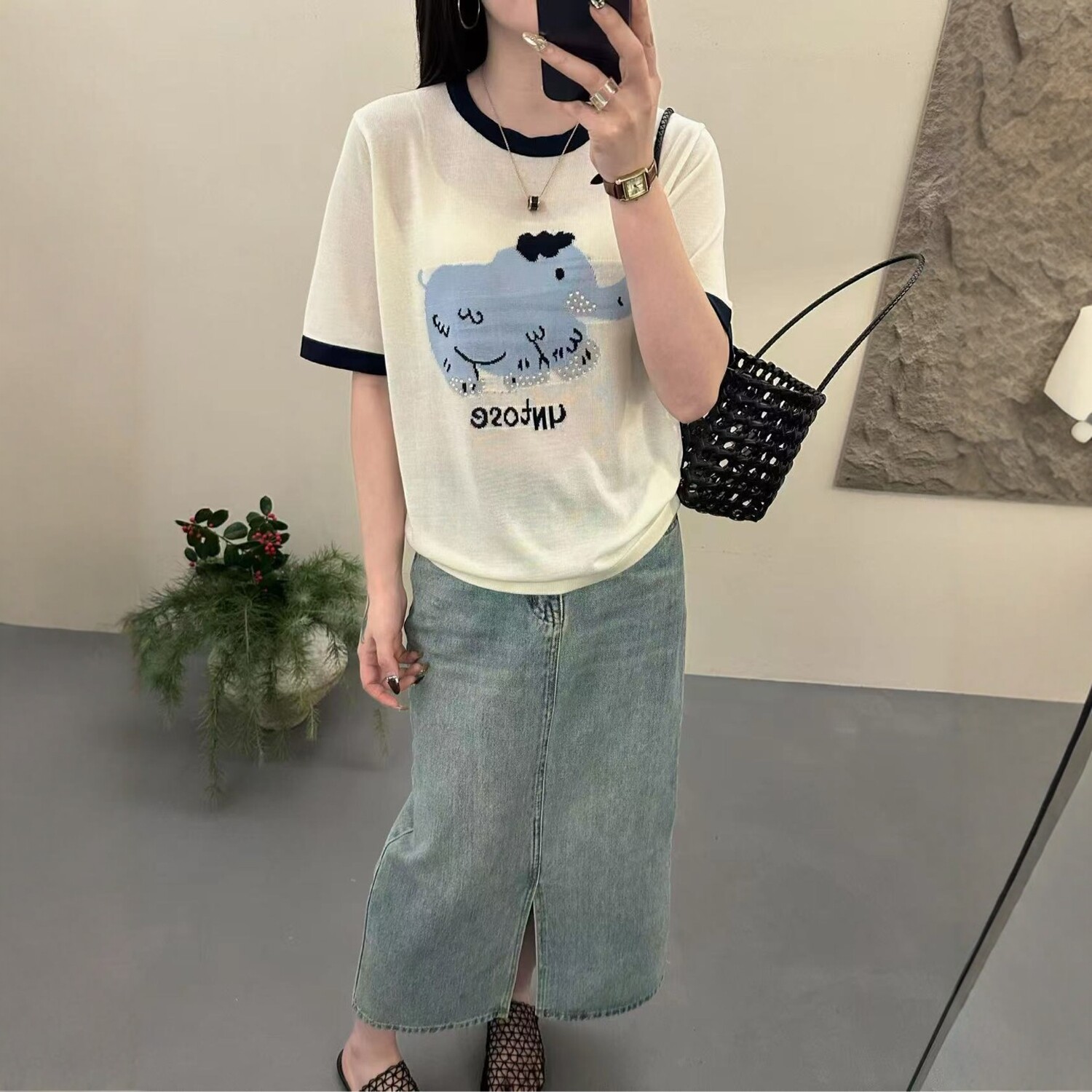 2026春季新款韩系宽松圆领卡通印花烫钻天丝针织短袖T恤衫女上衣