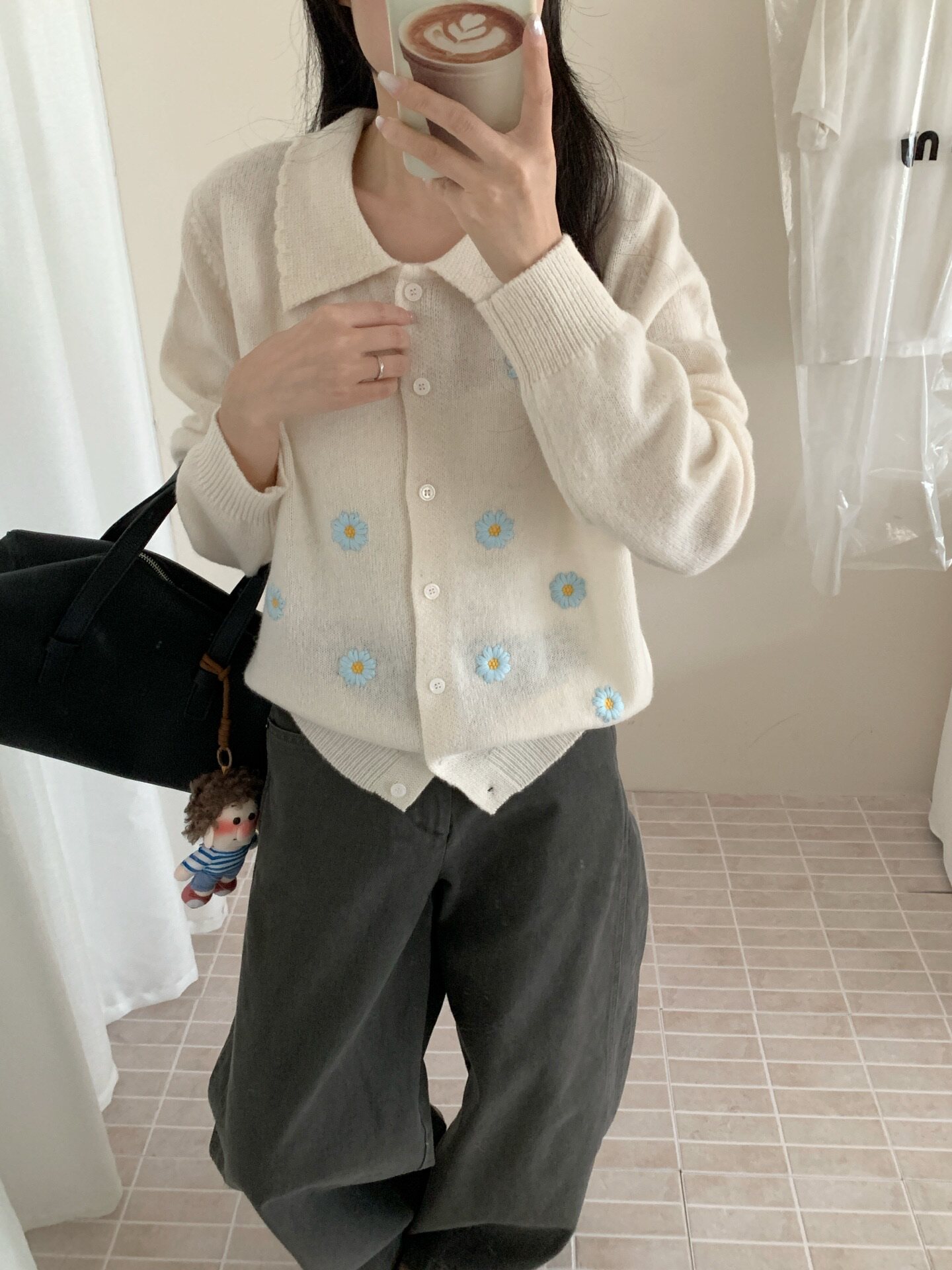翻领刺绣菊花全羊毛针织开衫外套