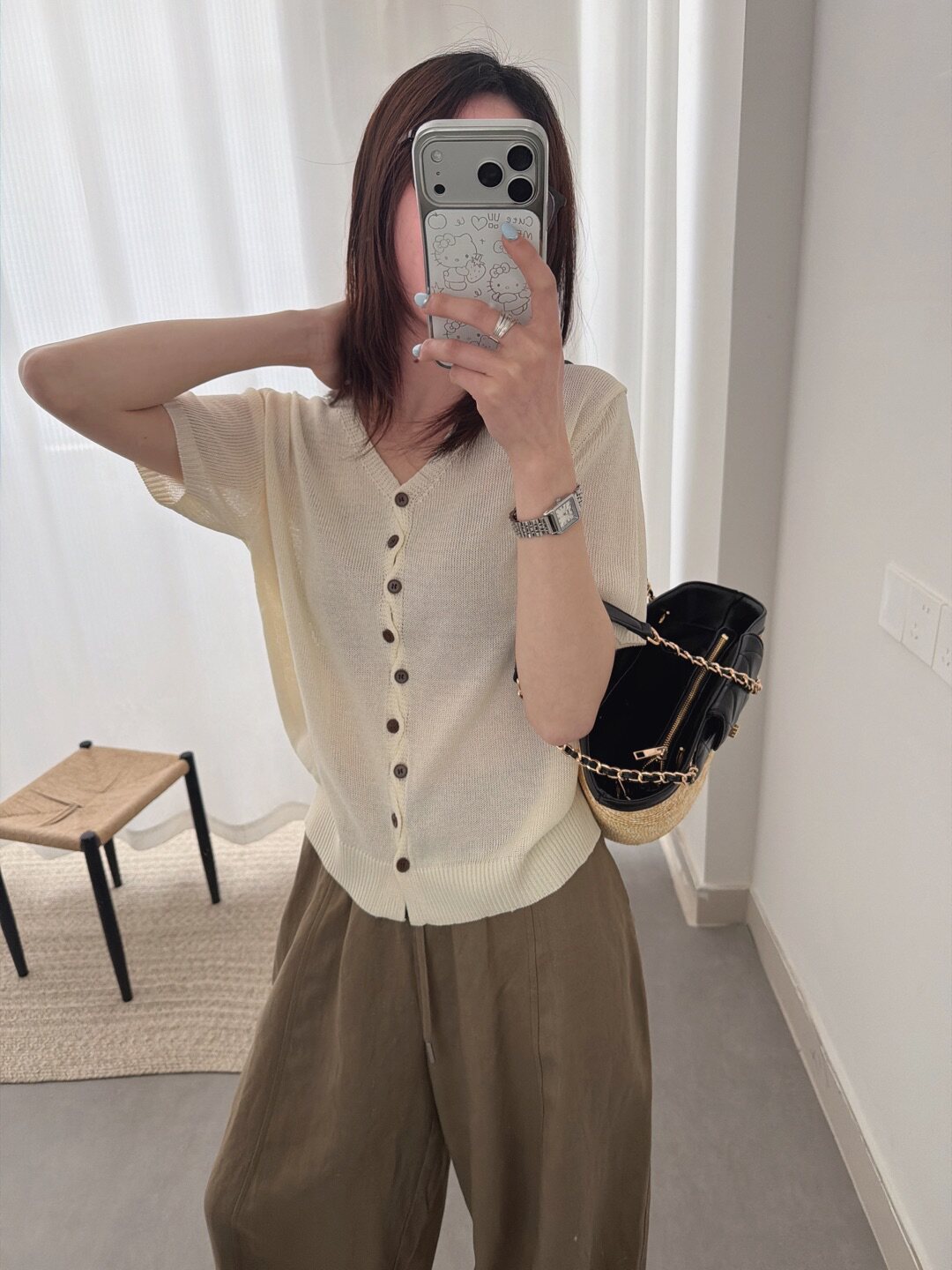显瘦V领亚麻针织开衫短袖女百搭