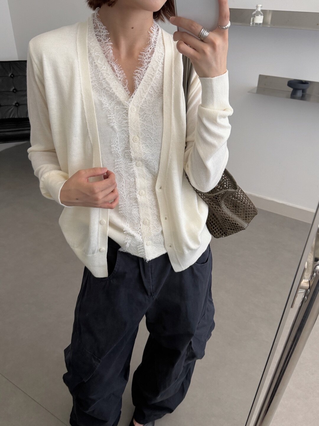 显瘦蕾丝假两件细羊毛针织开衫女