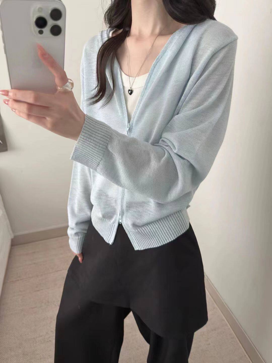 2026夏季新款韩系宽松显连帽天丝麻防晒针织开衫女百搭薄款防晒衣