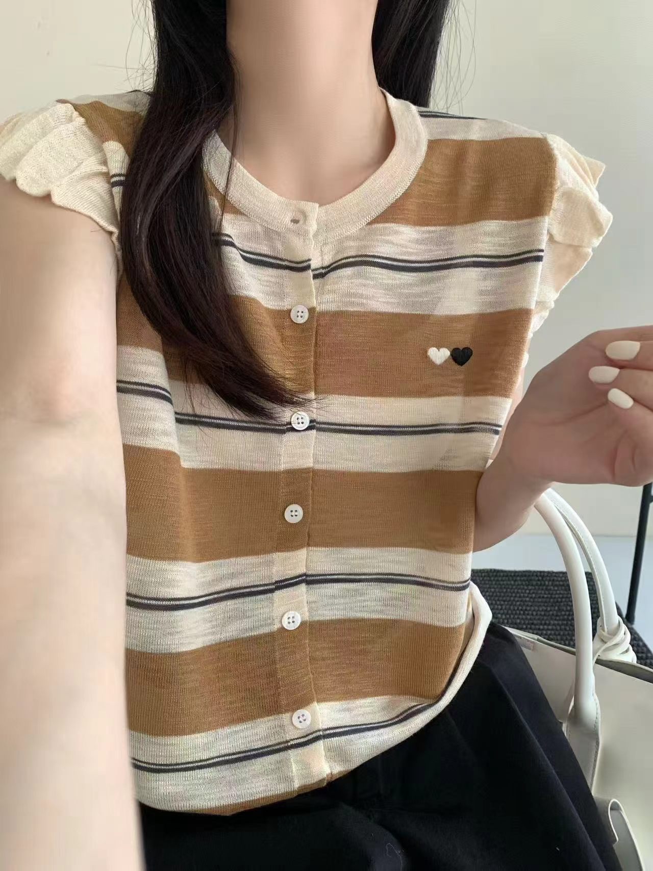 显瘦条纹天丝麻针织花苞无袖薄款