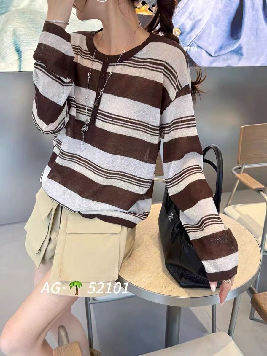 条纹撞色亚麻针织长袖薄款防晒衣