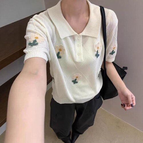 显瘦立体花朵亚麻针织短袖女薄款
