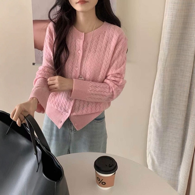 宽松显瘦圆领麻花全羊毛针织开衫